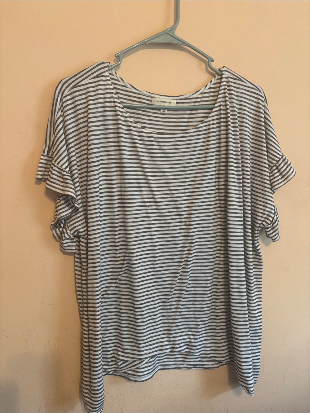 Max Studio Gray and White Striped Ruffle Short Sleeve Top